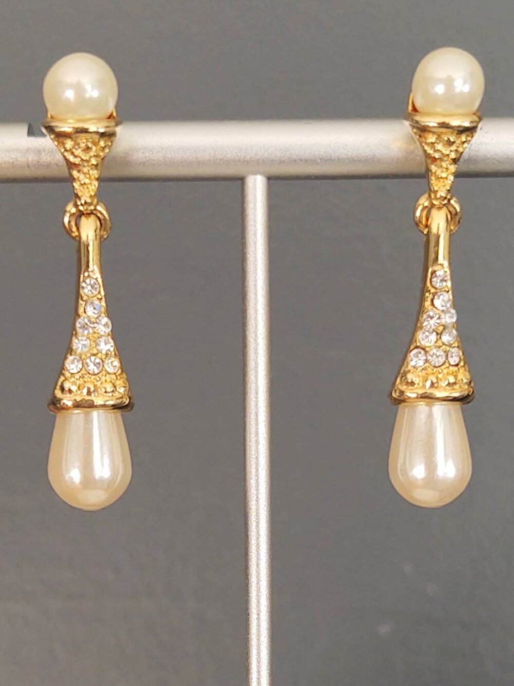 Gold faux pearl drop earrings with crystal accents
